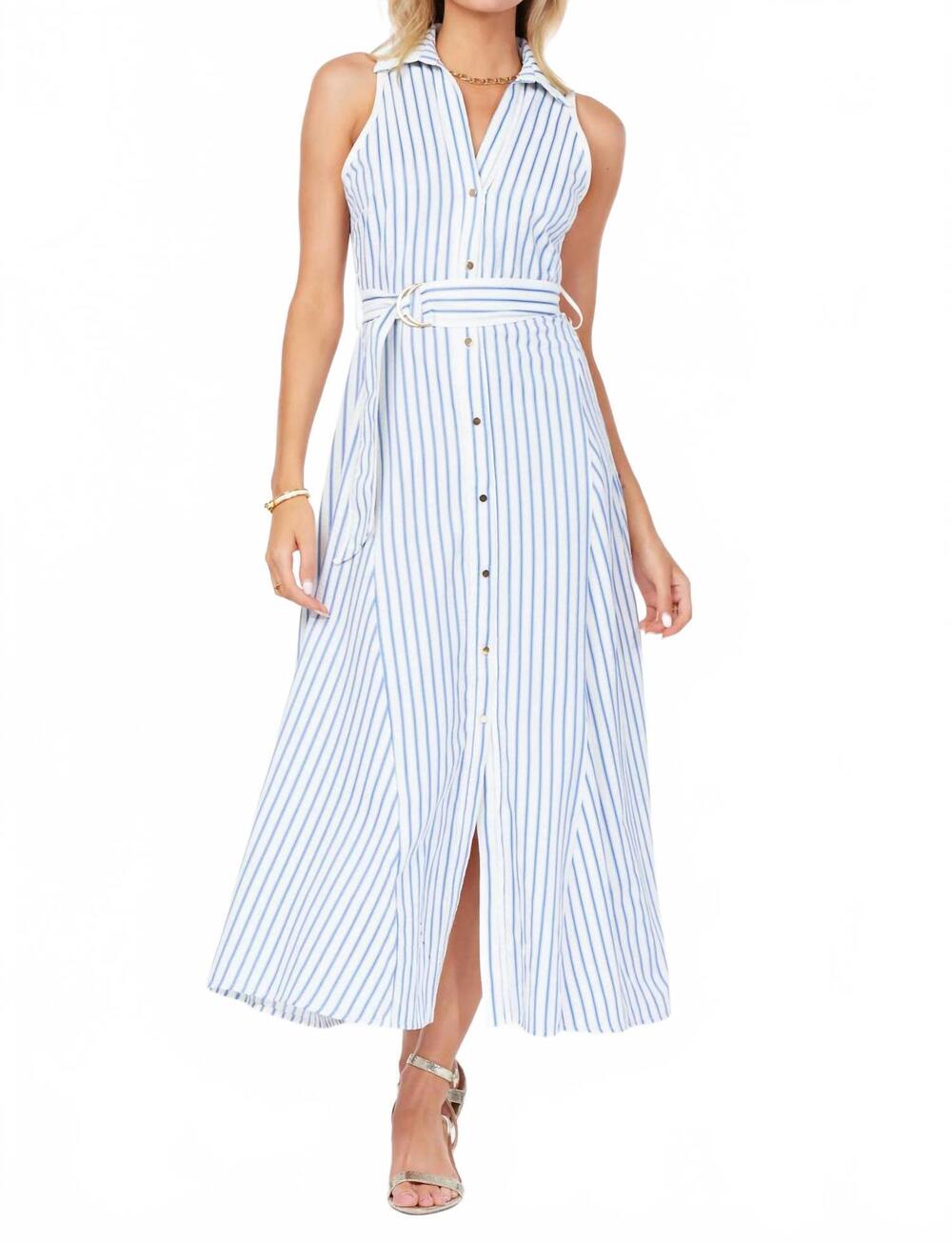 NEW BISHOP + YOUNG verona button front midi dress in blue stripe